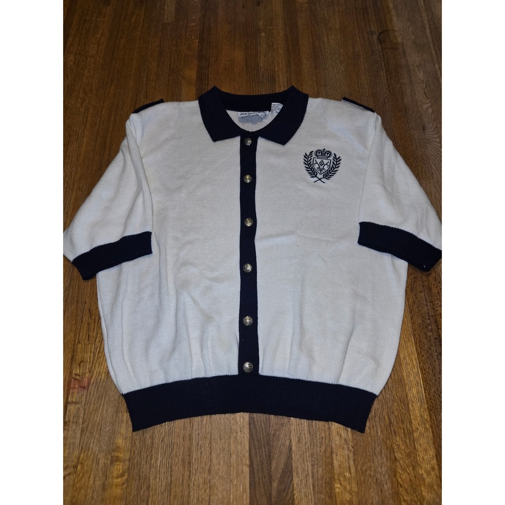 Vtg 80s Andrea Gayle LG Petite White Navy Knit Crest Gold Button Polo Sweater